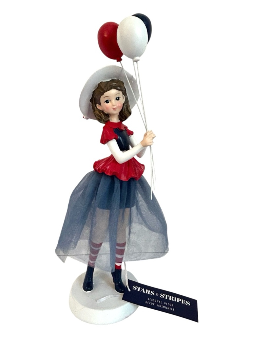 Patriotic Girl Figurine w/ Balloons Red, White and Blue Decor 14” Tall NWT